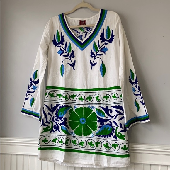 Boho Handmade Mini Dress Embroidered S/M 100%cotton Kelly Green/Blue Retail $208 - Picture 5 of 14